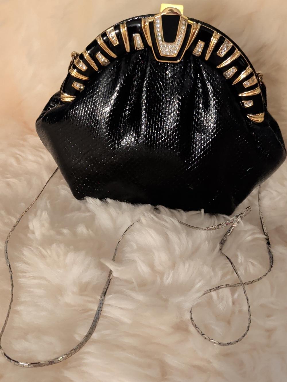 Judith Leiber- Vintage, Black Embellished Evening Clutch with Gold Accents